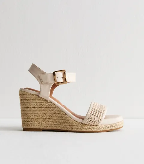 Women's Wide Fit White Raffia Look Faux Leather Wedge Sandals Vegan