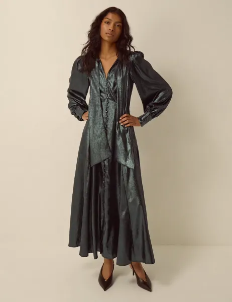 Monsoon Pure Cotton Metallic Midi Dress Green