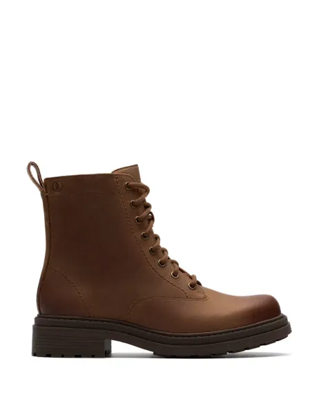 Clarks Wide Fit Leather Lace Up Block Heel Ankle Boots Brown