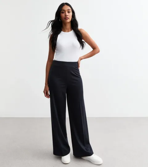 Women's Navy Wide Leg Jersey Trousers