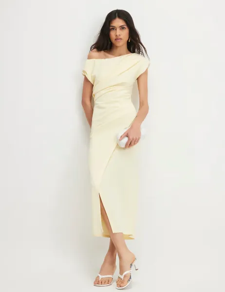 River Island One Shoulder Draped Midi Bodycon Dress Yellow