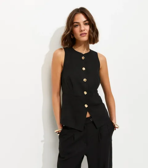 Women's Black Linen Rich Gold Tone Button Up Waistcoat