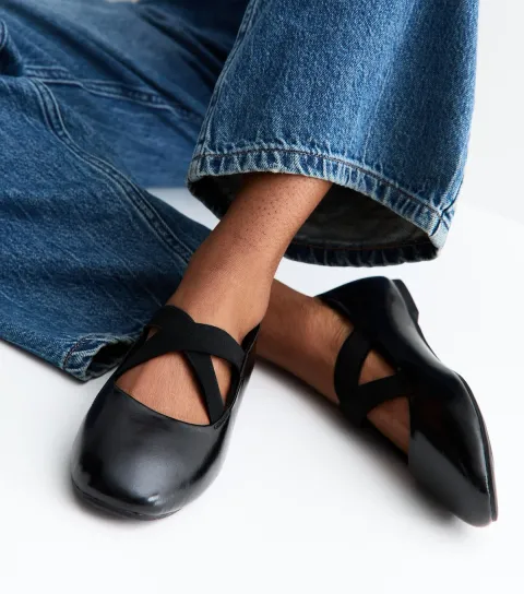 Women's Wide Fit Black Faux Leather Crossover Strap Mary Jane Flats Vegan
