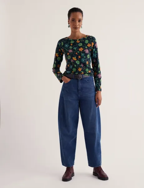 Seasalt Cornwall Cotton Rich Floral Fitted Top Dark Navy Mix