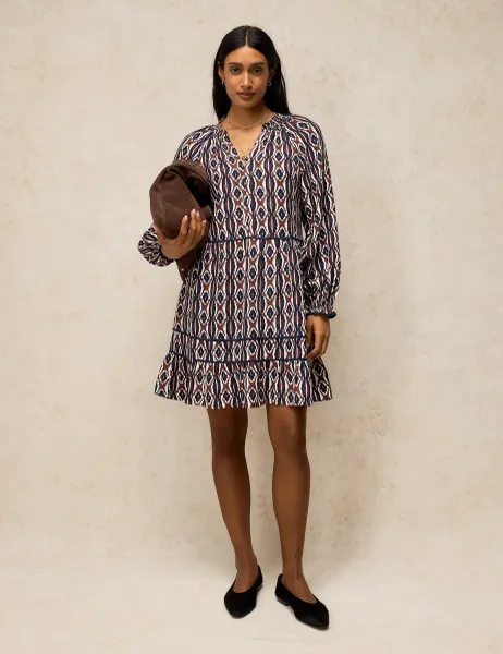 White Stuff Easton Printed Notch Neck Knee Length Swing Dress Brown