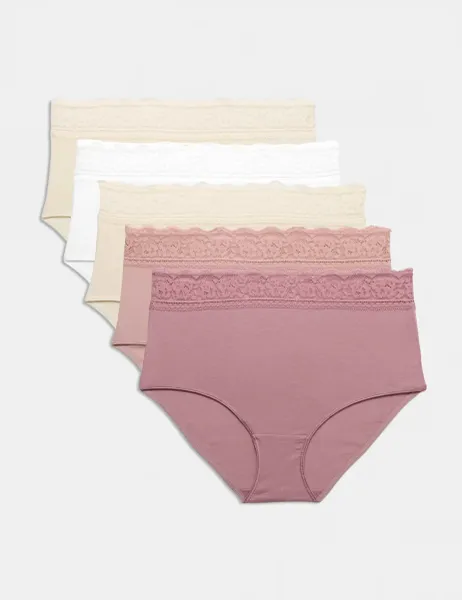 Marks & Spencer 5pk Cotton Lycra & Lace Full Briefs Dusky Pink