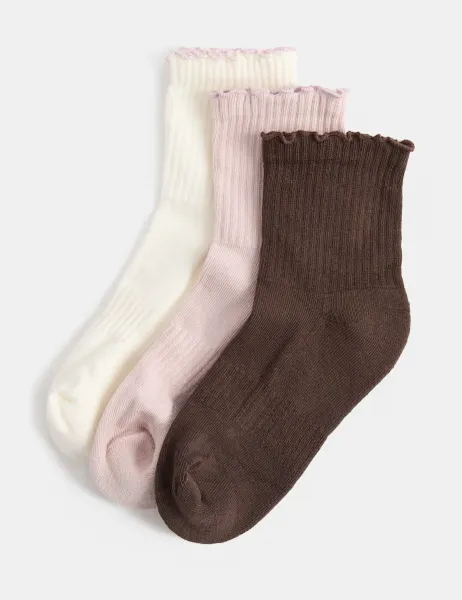 Goodmove 3 Pack Lettuce Edge Mid Crew Sports Socks Pink Mix