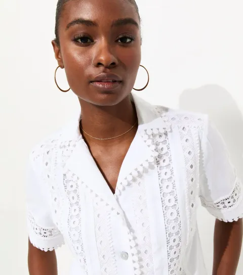 Women's White Embroidered Lace Trimmed Cropped Shirt