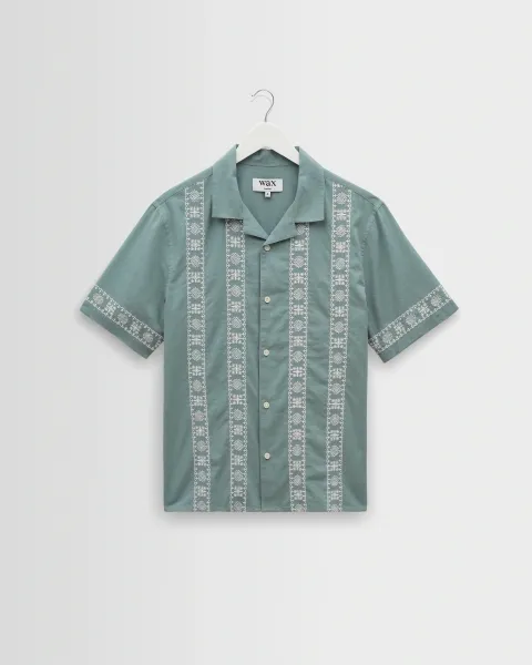 Didcot - Sea Green and Ecru Embroidered Short-Sleeve Shirt