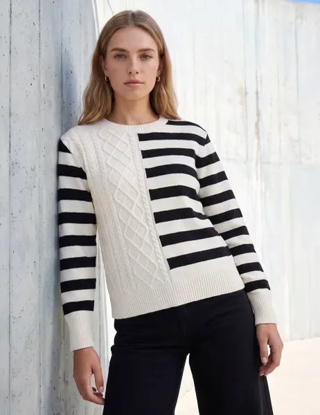 Roman Rayon Blend Cable Knit Striped Jumper Ivory Mix