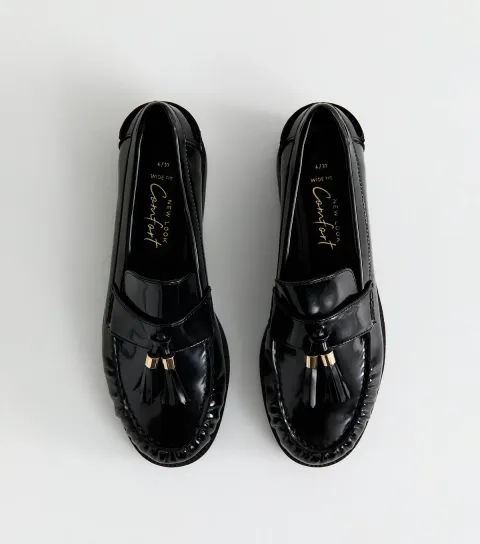 Women's Wide Fit Black Patent Faux Leather Tassel Detail Loafers Vegan