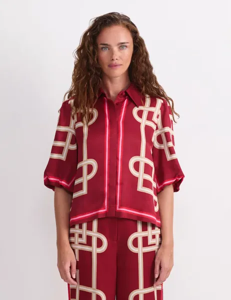 Sportscraft Printed Collared Relaxed Blouse Burgundy Mix