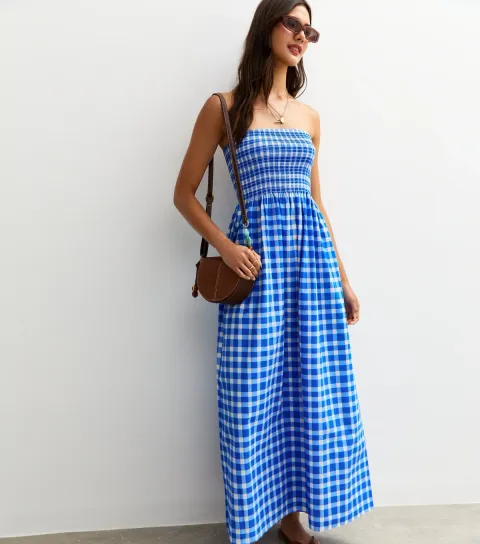 Women's Blue Checked Bandeau Midi Dress