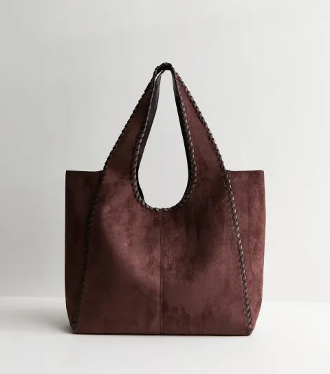 Dark Brown Faux Suede Braided Trim Tote Bag