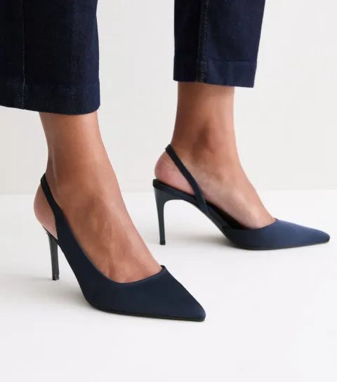 New Look Women's Navy Satin Slingback Stiletto Court Shoes Vegan