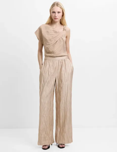 French Connection Crinkle Pull On Wide Leg Trousers Light Brown
