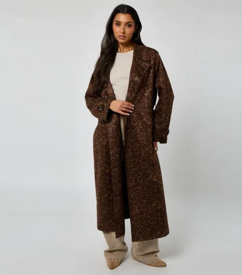 Women's Brown Leopard Print Trench Coat
