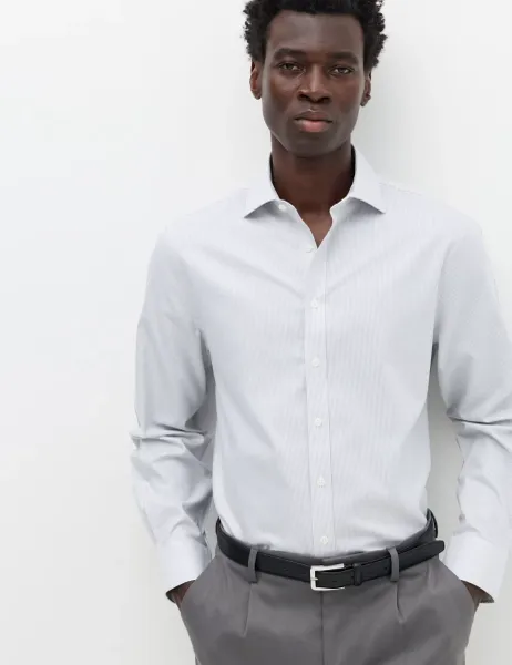 Marks & Spencer Regular Fit Ultimate Non Iron Striped Shirt Grey Mix