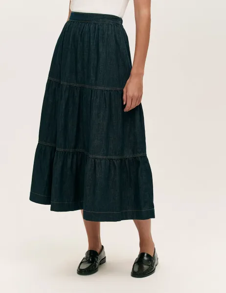 Finery London Denim Midi Tiered Skirt Indigo