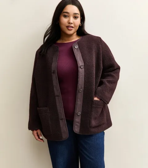 Women's Plus Size Burgundy Borg Button Through Jacket Curves