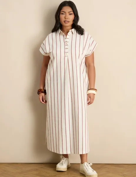 Striped Midaxi Shirt Dress with Linen Oatmeal