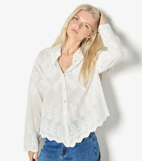 Women's White Cotton Floral Embroidered Shirt