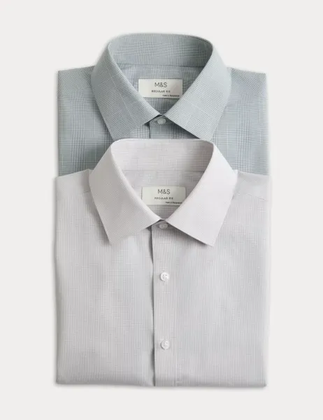 Marks & Spencer 2 Pack Regular Fit Easy Iron Check Shirts Green Mix