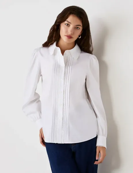 Finery London Cotton Rich Pintuck Blouson Sleeve Shirt White