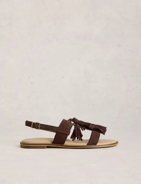 White Stuff Suede Tassel Buckle Ankle Strap Flat Sandals Brown