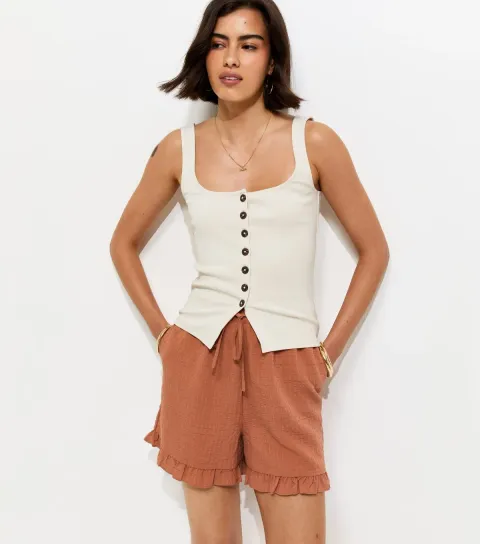 Women's Burnt Orange Seersucker Ruffle Shorts
