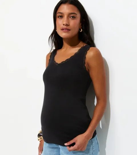 Women's Maternity Black Lace Trim Vest Top