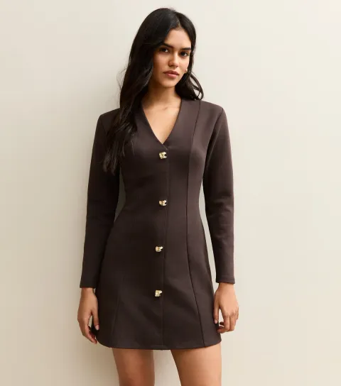 Women's Brown Buttoned Ponte Mini Dress