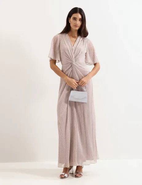 Phase Eight Metallic Plisse V-Neck Maxi Waisted Dress Metallic