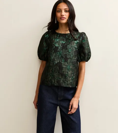 Women's Dark Green Floral Jacquard Short Sleeve Top