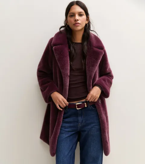 New Look Women's Dark Burgundy Faux Fur Midi Coat