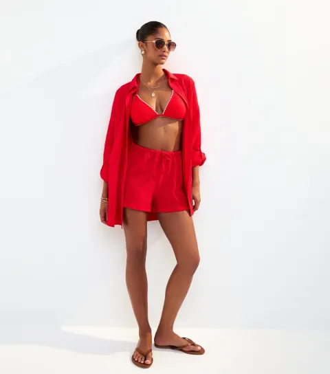 Women's Red Textured Drawstring Shorts