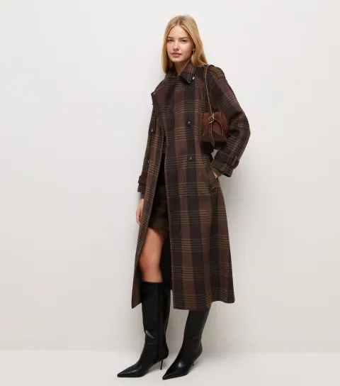 New Look Women's Tall Brown Check Pattern High Neck Belted Trench Coat