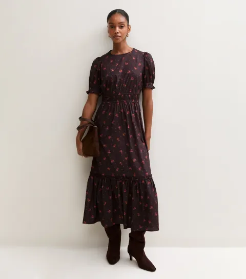 New Look Women's Burgundy Ditsy Floral Puff Sleeve Midi Dress