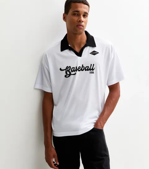 Men's White Collared Relaxed Fit Baseball Logo Short Sleeve T-shirt