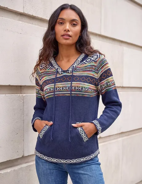 Roman Knitted Nordic Print V-Neck Hooded Jumper Mid Blue