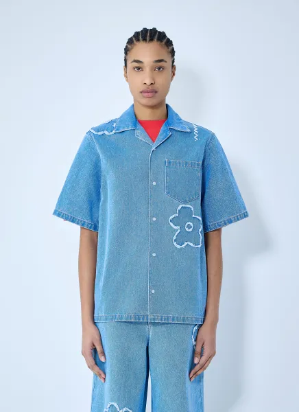 Denim Shirt With Flower Motif