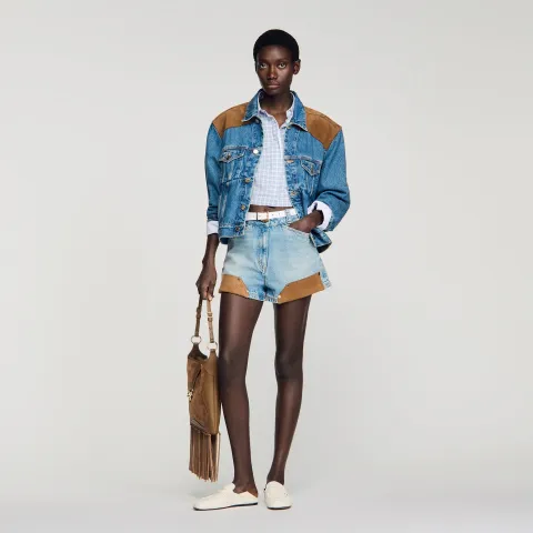 Denim and suede shorts with rivets