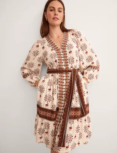 Monsoon Printed V-Neck Belted Knee Length Shirt Dress Ivory Mix