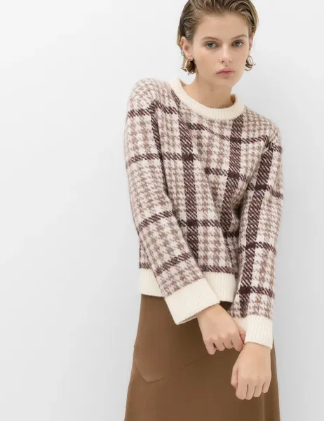 Marks & Spencer Dogtooth Crew Neck Relaxed Jumper With Wool Ivory Mix