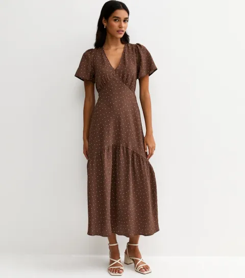 Women's Brown Spot Print Tiered Midi Tea Dress