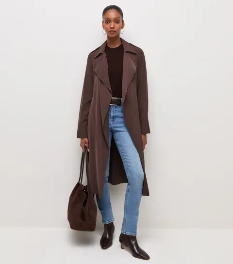 New Look Women's Dark Brown Waterfall Front Draped Mid-Length Coat