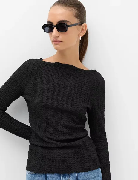 Marks & Spencer Slash Neck Textured Long Sleeve Top Black
