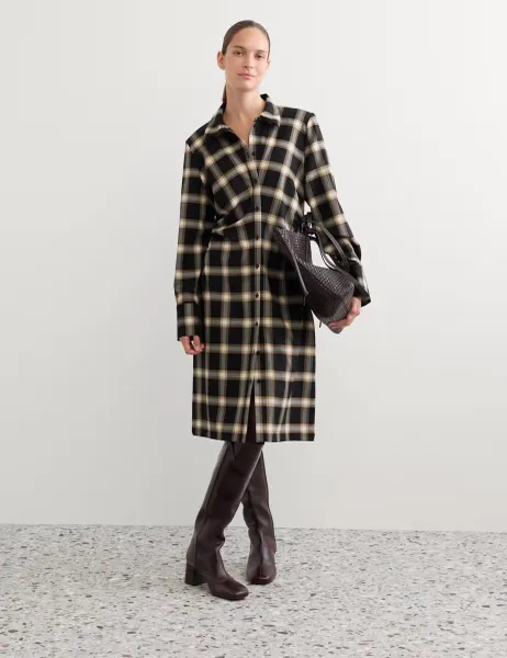 Jaeger Wool Rich Checked Collared Midi Shirt Dress