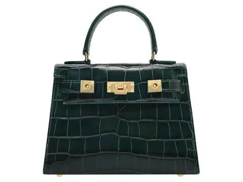 Maya Midi Orinoco 'Croc' Print Calf Leather Handbag - Dark Green - 2