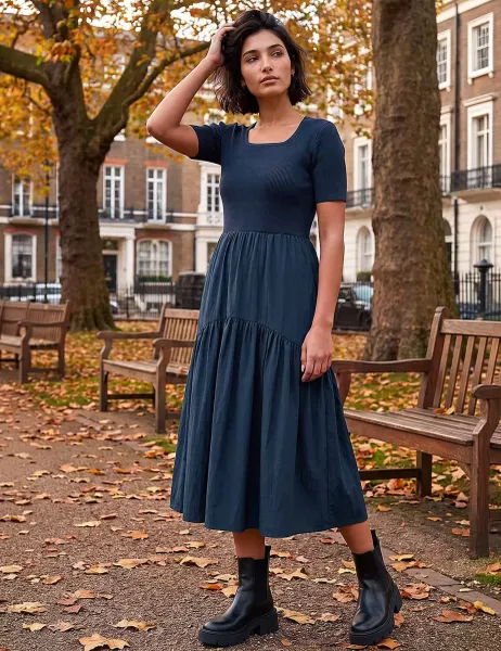 Roman Knit Woven Mix Knee Length Dress Navy Mix